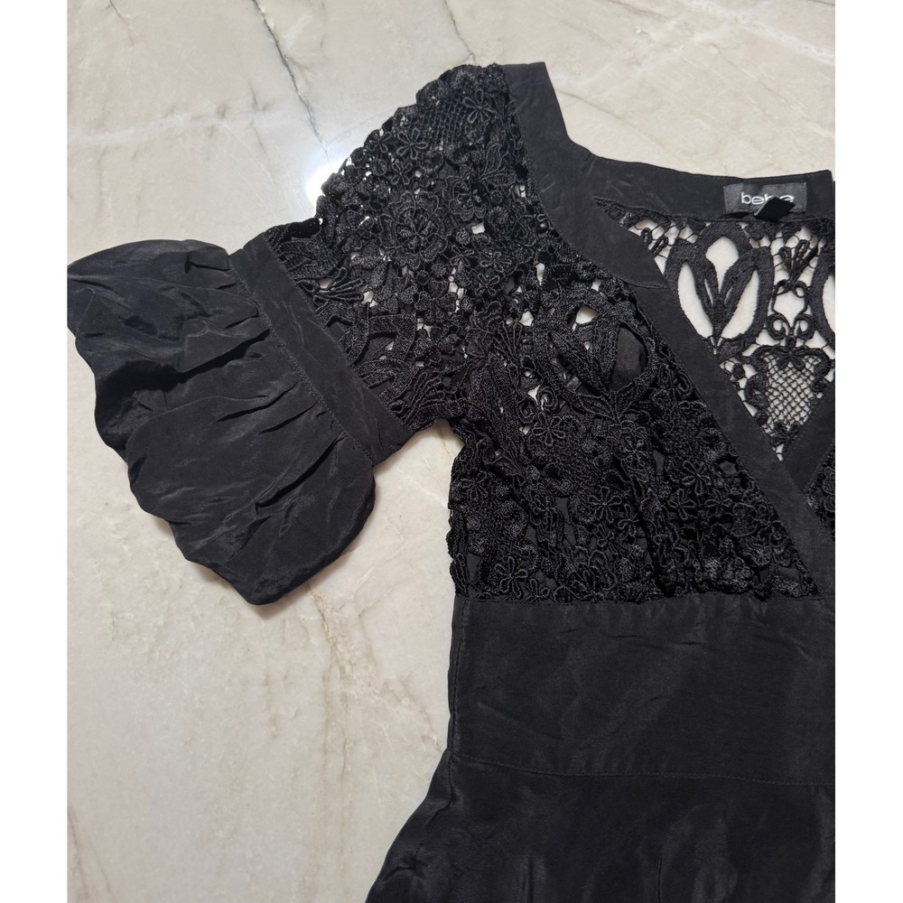 bebe Black Lace Crochet Silk Tiered Ruffle Mini Dress Puff Sleeve Womens Size XS - Picture 3 of 16